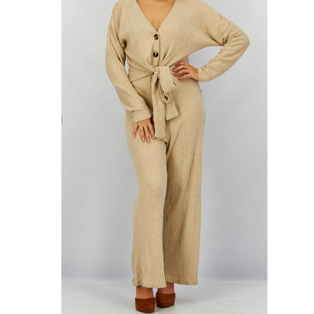 LUCY PARIS Women Tie Front Long Sleeve Ribbed Jumpsuit, Oatmeal Size Medium